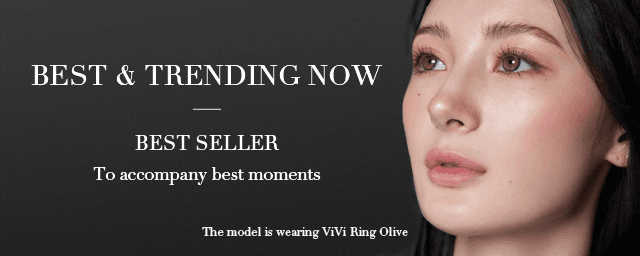 OLENS Best Seller banner with the phrase 'To accompany best moments' and a model wearing ViVi Ring Olive lenses looking to the side